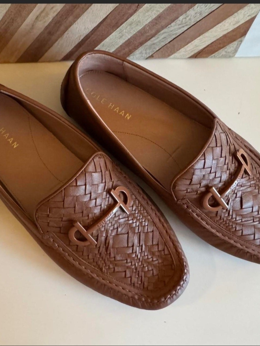 Cole Haan Tan Woven Leather Bit Loafers